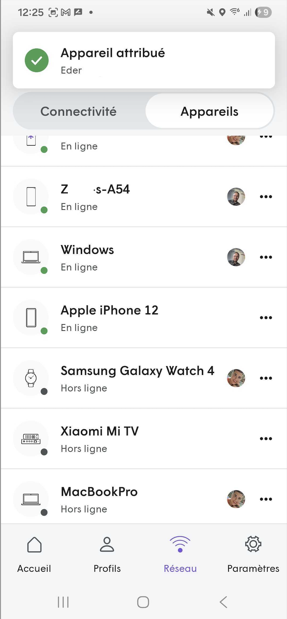 Actions rapides de l'appareil